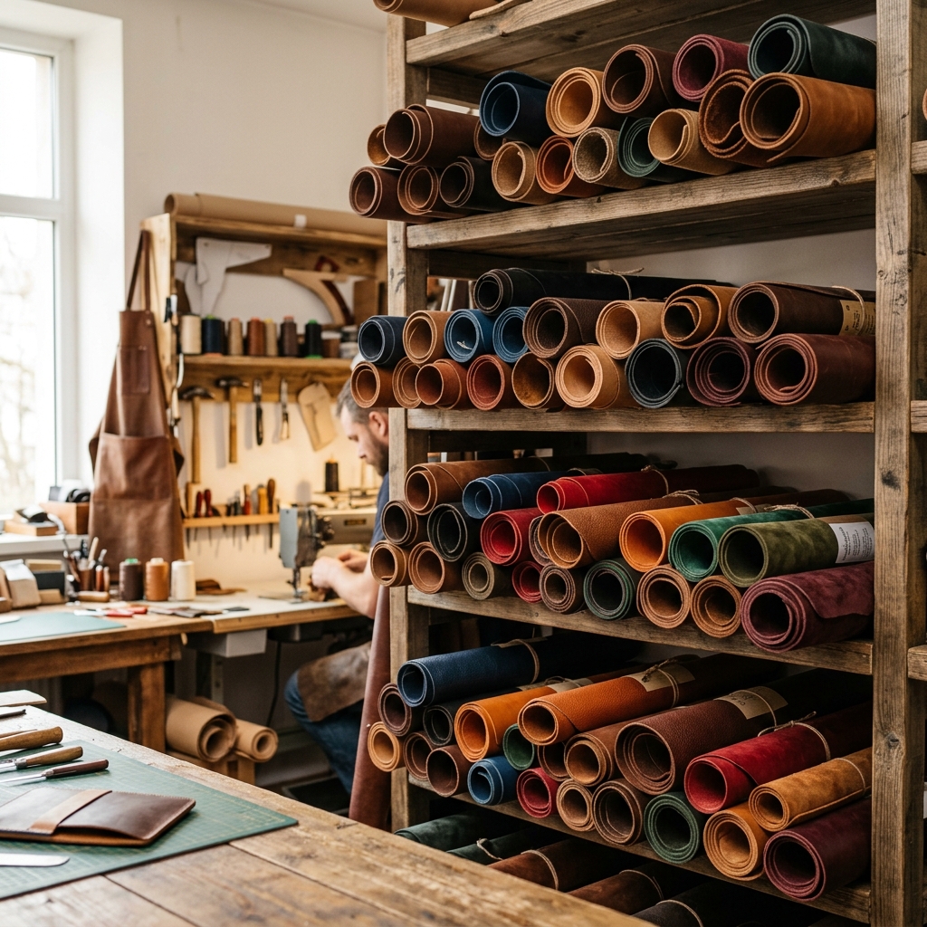 Various leather rolls in a workshop